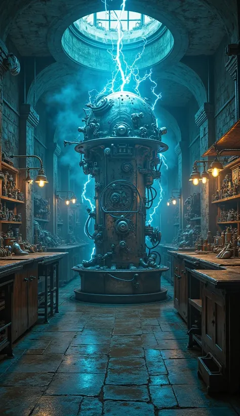 "An old laboratory with electrical rays illuminating the room. in the center, a mysterious metal machine with connected wires, emitting a bright blue energy.  steampunk style , cinematic."