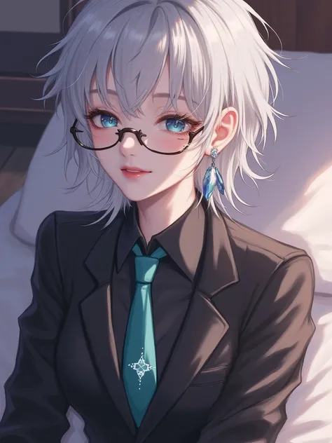 girl white messy wolfcut hair , sparkly blue eyes , Wear a black tent suit , cyan necktie , black shirt in suit , black trousers , high resolution , sleepy face , black glasses , Tied up arms , Crystal Feather Earpiece , hair closed eyes , Open your eyes ,...