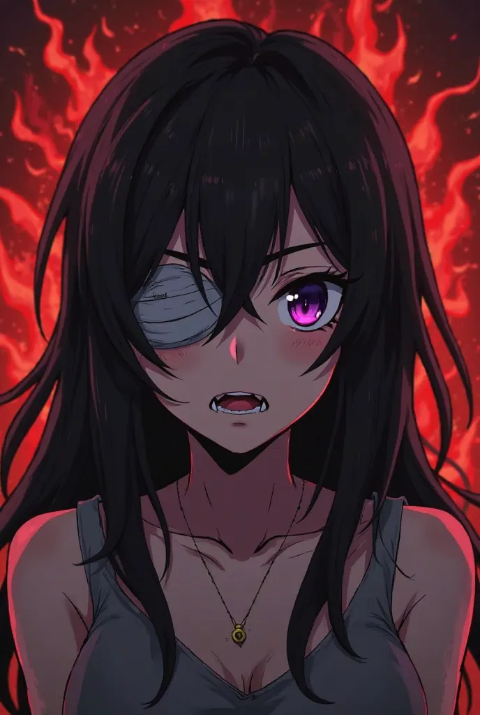  anime girl from fire force, deranged personality, long shoulder length very dark blackish brown layered hair, side bangs, one eye covered by bandages, grey eye bags, really very very dark violet eyes, fangs, pale, black flame power, cartoon fire force lik...