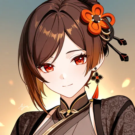 Un Male character inspirado en Chiori de Genshin impact, with short brown and wavy hair,  RED EYES, modern elegant Asian style clothing and earring, cheerful expression, Male character