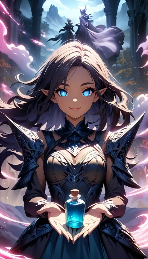 dark elf woman holding a bottle of potion,  smile,  Beautifully drawn eyes ,   Beautiful Delicate Lips  ,    highly detailed face is taking revenge,   long elegant fingers  ,   intricate dark elf armor  ,   decorated pill bottle  ,   swirling mystical fog ...