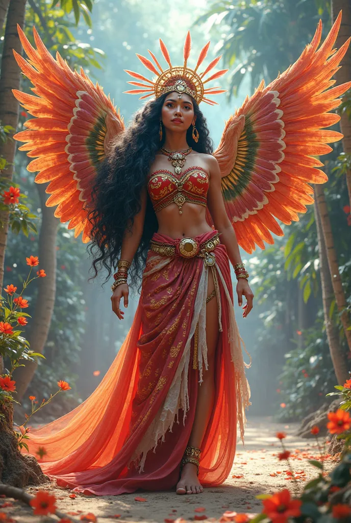 Moana in fantasy costume with wings and something on her head and carnival colors 