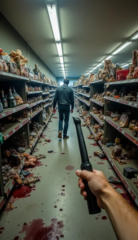 "POV entering a looted supermarket, with hands holding a makeshift weapon. Toppled shelves, products scattered on the floor, and bloodstains on the walls. Broken mannequins are mixed with partially devoured s. A zombie slowly crawls down the aisle ahead. A...