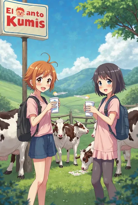 Create an Anime image of young people eating yogurt and that the glass shows The Mark El Santo Kumis, together with some Cows and cows also eat yogurt, with a large sign with the brand EL SABRO KUMIS