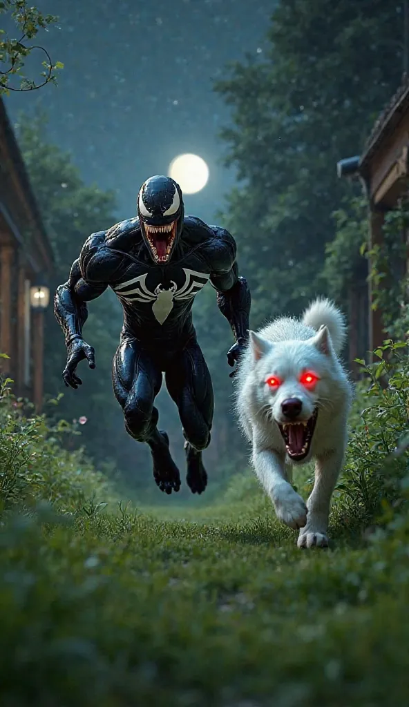 Ultra-realistic 3D render, cinematic lighting, hyper-realistic details, photo-realism: Venom running in fear through a lush green garden at night, his body mid-jump as he tries to escape. Behind him, a fierce white dog with glowing red eyes is leaping forw...