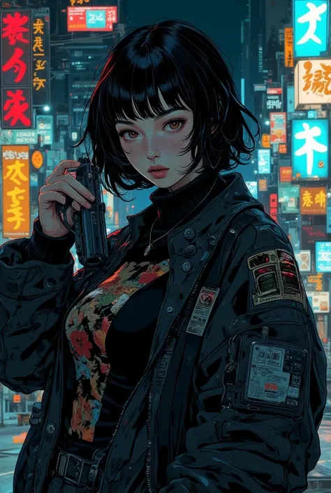 Cyberpunk settings, girl with black short, bob hair, wearing black jacket and pants, holding a pistol, freckles, lip filler, thick eyebrows, dimples