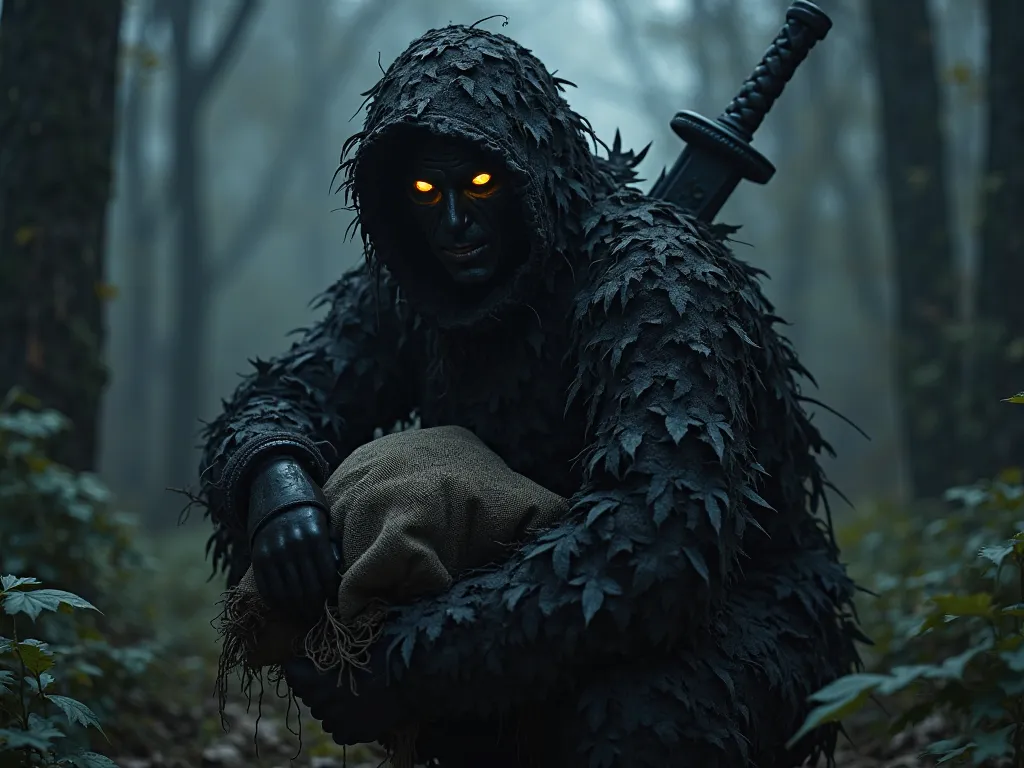 Create a highly realistic image of a soldier dressed in a black ghillie suit, blending seamlessly into the dark, nocturnal environment. The soldier carries a large, menacing sword strapped to his back, with the hilt visible above his shoulder. His presence...