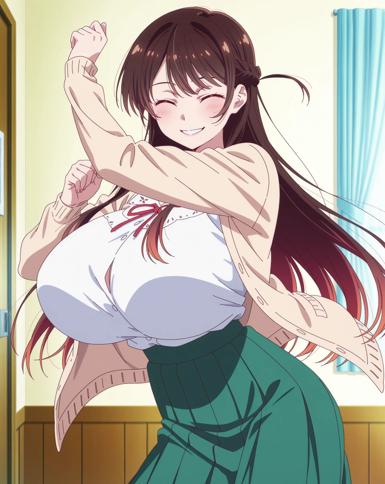 score_9, score_8_up, score_7_up, source_anime, anime coloring, anime screencap, 1 girl, solo, Chizuru Mizuhara (Kanojo Okarishimasu), brown hair, shiny hair, braid, closed eyes, long hair, gentle expression, big smile, white beautiful skin, gigantic breast...