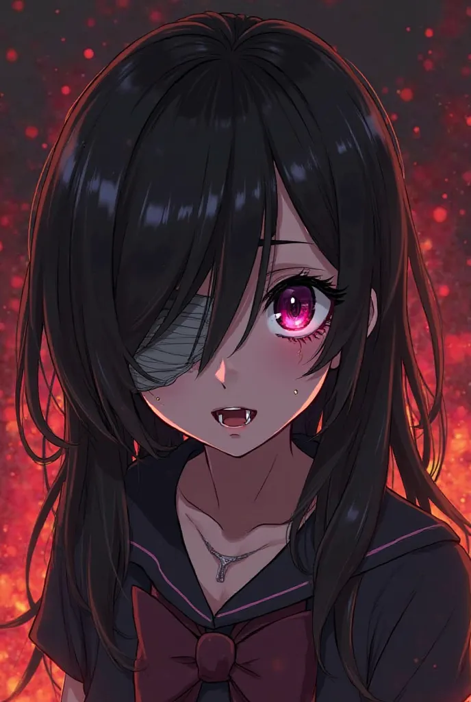  anime girl from fire force, deranged personality, long shoulder length very dark blackish brown layered hair, side bangs, one eye covered by bandages, grey eye bags, really very very dark violet DARK ALMOST BLACK eyes, fangs, pale, black flame power, cart...