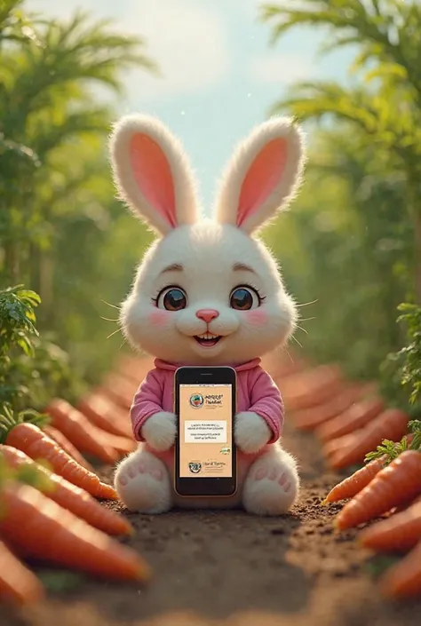 Make a plush rabbit wearing a pink shirt on a carrot plantation receiving a pix on the cell phone and a check for one million reais and an army from Jhonatan behind him 