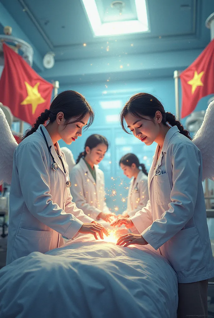 Create Vietnamese Doctor's Day Greeting Card 27/02 Impressions,  creativity , pictures of doctors like white coat angels rescuing patients in emergency room,  with a Vietnamese flag 