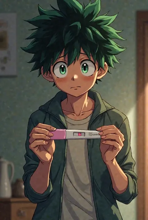 Do Izuko Midorya from Boku in Hero Academia with a positive pregnancy test on your hands facing the test without the hero's clothing with a worried smile