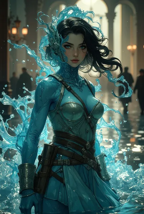 elemental spirit of water, Body made of water, Spirit of the Water, scenario field like a battle,  She's wearing Spartan armor,  aura de magic, magic, dark fantasy genre, magic,  soldier,  High quality ,  8K quality,  a very detailed face,  kinematic
