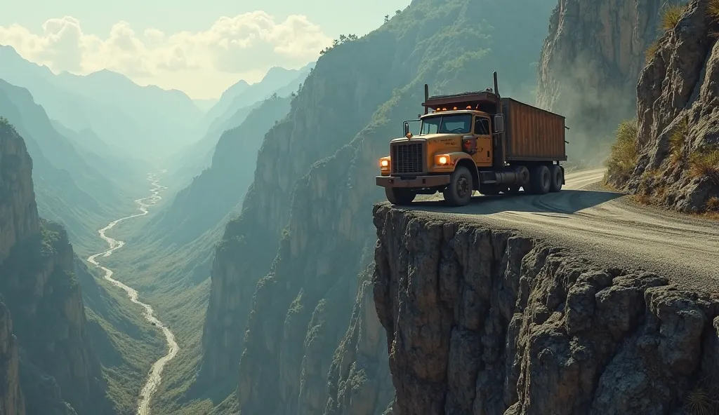 
AN IMAGE OF A TRUCK ON THE SIDE OF A ROAD THAT IS ON THE EDGE OF A GIANT CLIFF, the truck must be about to fall.