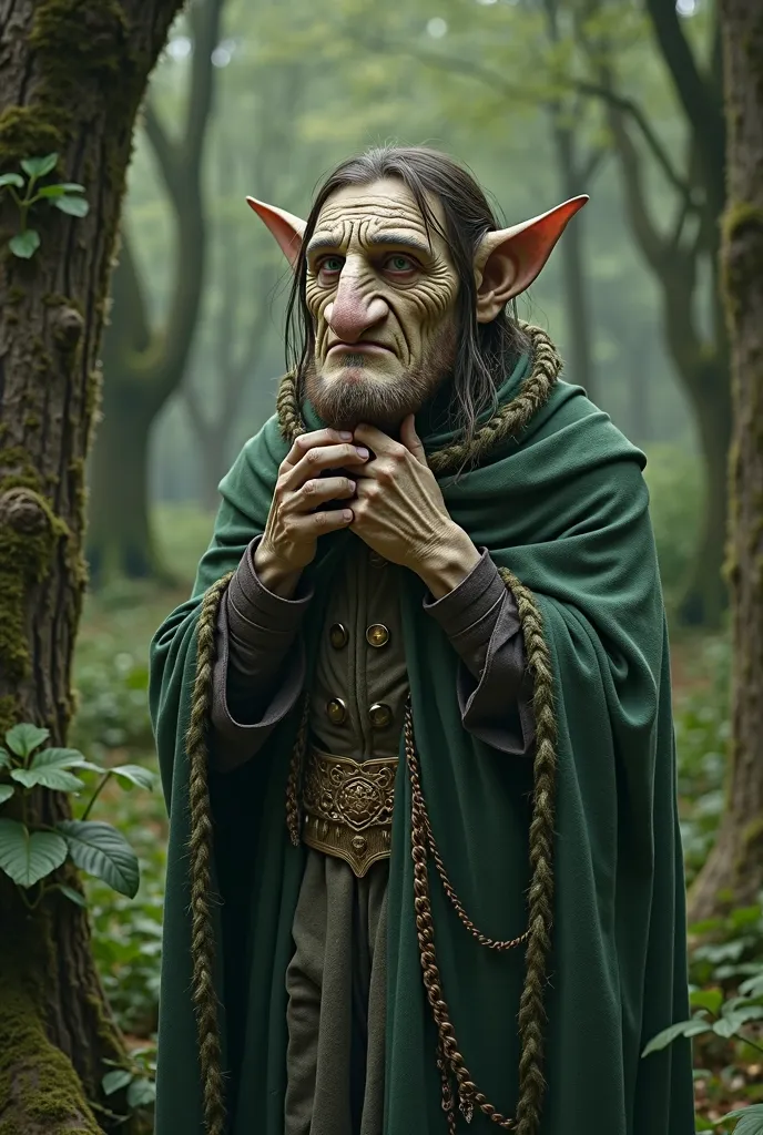 A mythical being, Half a humanoid leprechaun in feudal clothes sitting in the forest,  Gloomy climate with an ugly mask being removed from the face symbolizing the lie 