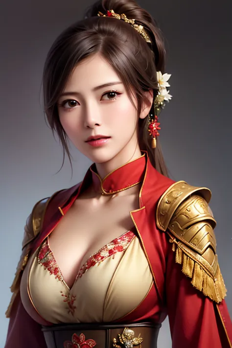 The upper body of a female warrior wearing red and gold armor and cloak, 1 person,  cute ponytail  ,20 years old, (((Real Face))), slightly larger breasts and cleavage,  reveal cleavage,Scary face,  very fine face and skin texture , staring at the camera, ...