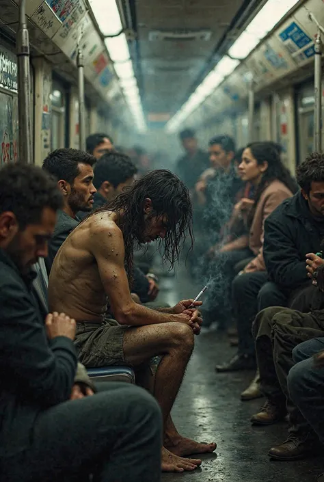 Create an image of a crack user smoking inside a crowded train with people standing around him 