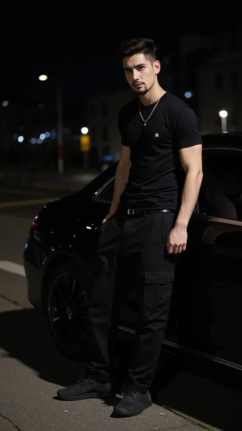 a handsome young turkish guy with muscle, dark very short hair fade and goatee he wearing a black tshirt and a black loose pants and a thin gold chain he is in a mercedes s coupe in black amateur photo random picture its night and location is germany he ha...