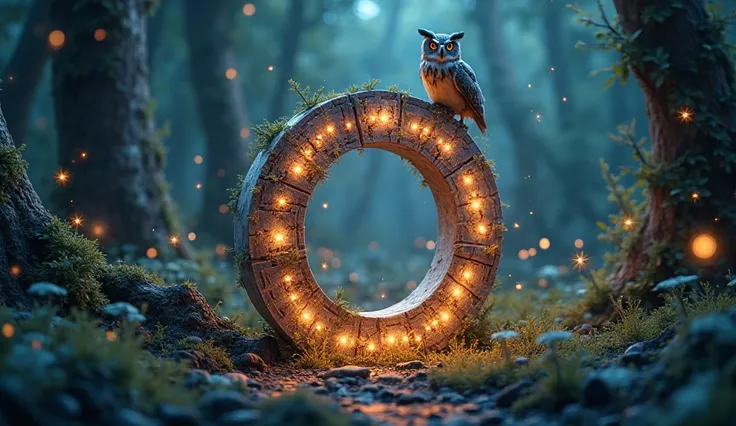 An outstanding 3D letter 'O' with an owl perched on it, in a moonlit forest with stars and fireflies. The letter is glowing and circular, with a magical sparkle.