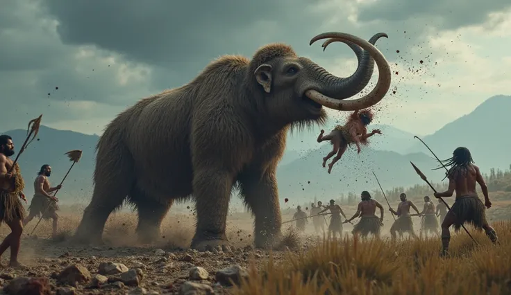 **"An epic, cinematic action scene of a wild mammoth defending itself against attacking Neanderthals, in ultra-high-resolution 1792x1024 for TV and YouTube. The massive beast, covered in thick, matted fur and streaked with blood and mud, rears up on its hi...