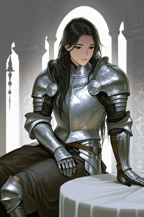  long black hair, fat body,black eyes,Wearing a bit of medieval armor,silver armor,sitting at a round table