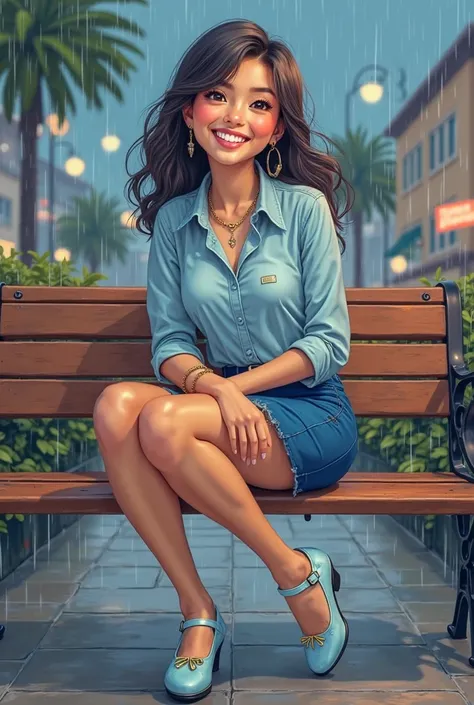 Tip: A very lovely  beautiful Asian American woman being happy alone on a bench in Downtown San Diego in the rain.. The illustration is a high definition illustration with 4k resolution., with highly detailed facial features and cartoon style visuals, ligh...