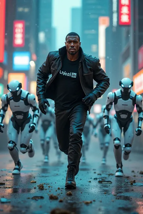 "A highly detailed, ultra-realistic 8K cinematic scene inspired by I, Robot (2004). Detective Del Spooner, a muscular African American man with a determined expression, is sprinting at full speed, chased by a swarm of humanoid robots with sleek white bodie...