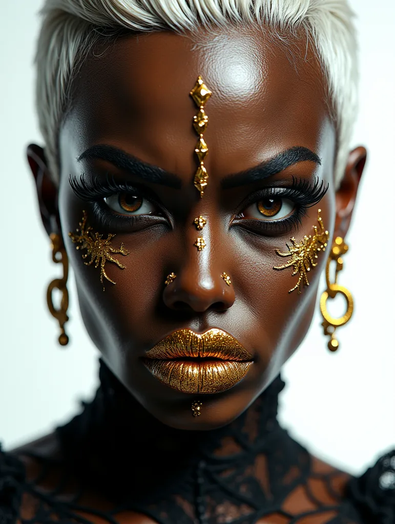 Dark indoor studio, ultra realistic 3D painting, macro, top right corner position, white background, close-up of a black girl, real expressions, absurd, angry frown, stylish gold face paint with black outlines, shiny lip gloss with glitter on mouth, wearin...