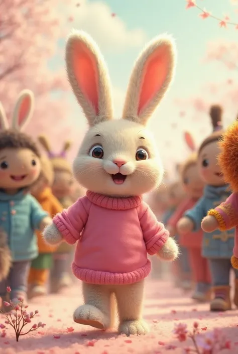 a plush rabbit in a pink shirt commanding a band of several equal people 