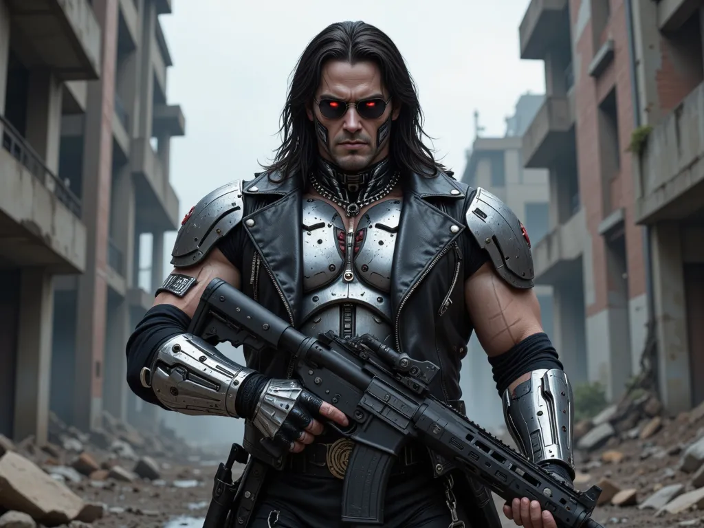 Create an image of a WWE wrestler undertaker in a terminator form, holding a shotgun, wearing a black leather jacket and sunglasses.