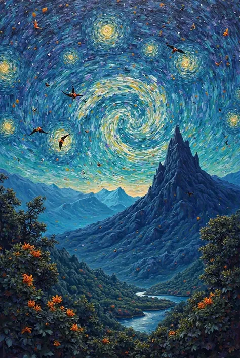 The starry night of van Goch , with the imposing mountain of Avila Caracas, flying beautiful macaws , A minimalist painting 