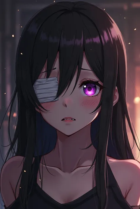 anime girl, deranged personality, long shoulder length very dark blackish brown layered hair, side bangs, one eye covered by white bandages, grey eye bags, really very very dark deep purple DARK ALMOST BLACK eyes, fangs, pale, black flame power, cartoon fi...