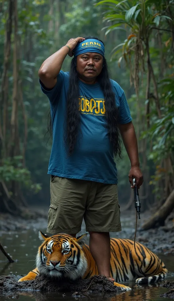 Cinematic portrait of a slightly fat man with a Javanese appearance, clean face, very long straight hair flowing, wearing a blue cloth headband with the text "PERSIB" in yellow capital letters, wearing a blue t-shirt that says "BOBOTOH", standing proudly o...