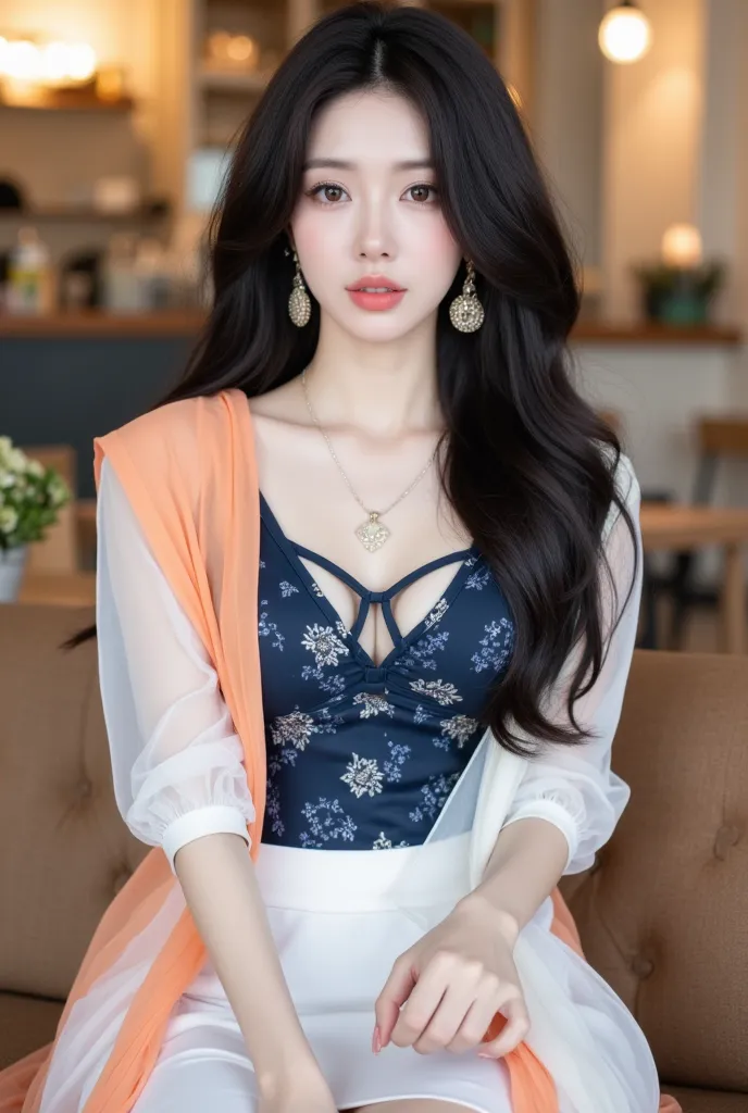 Super detailed body, super detailed face, best quality, close up, beautiful Korean female model upper body, fair skin, pretty face, brown eyes, white transparent silk combined with dark blue printed top, small white pencil skirt, semi-transparent orange sc...