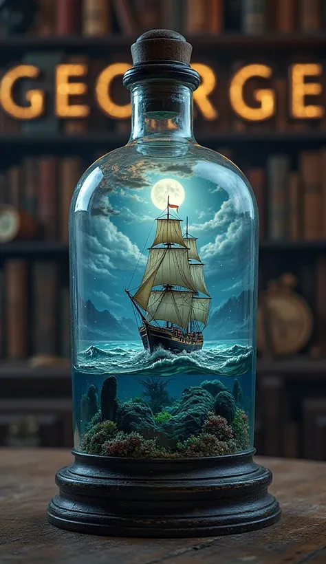 A large glass bottle, positioned centrally in the image, contains a detailed miniature seascape.  Inside, a sailing ship, dark-colored with white sails, navigates a stormy sea. The ship's sails billow dramatically, and the waves are depicted in a realistic...