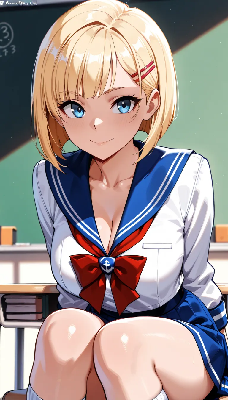 (Highest quality, 8k, masterpiece:1.3,beautiful girl), detailed skin,detailed faces:1.3,, ( perfect anatomy,  female in her 20s:1.3,), perfect face,(( hairstyle,Blonde and big face, bob cut,  hairpins,)) ,((sailor suit:1.3,)),(top quality:1.2, very detaile...