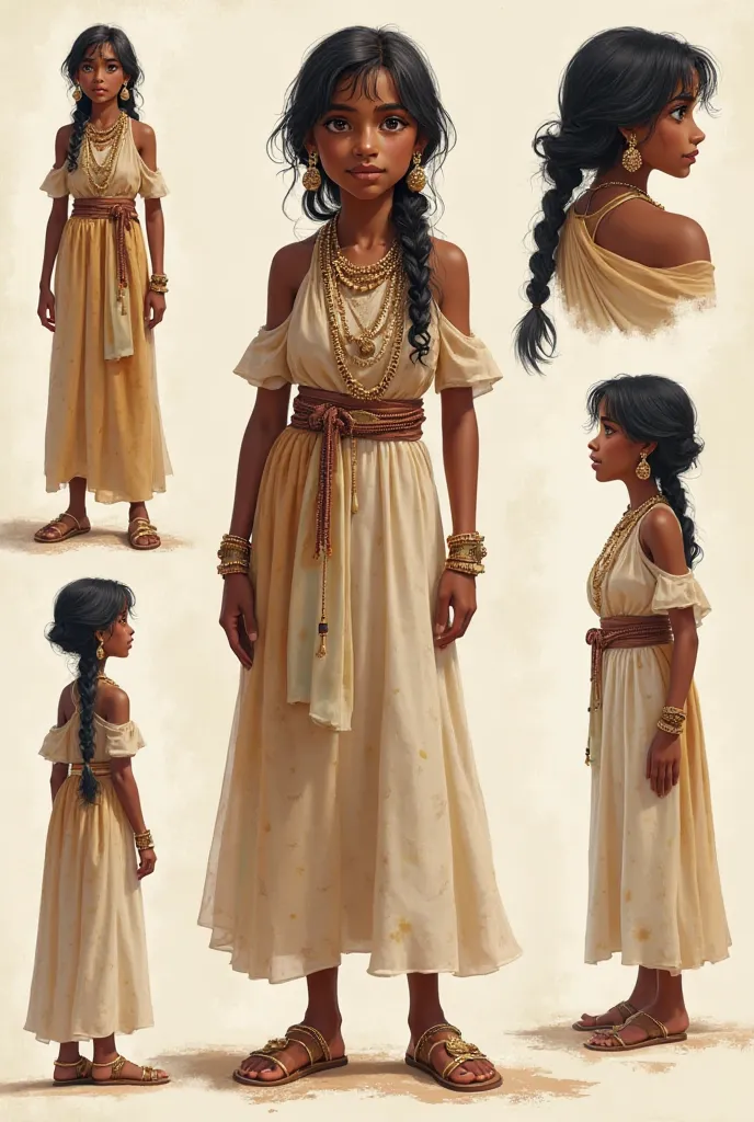 I want a picture of Six Model Sheet and its characteristics are that she is six Egyptian from a popular married area with six families and her husband is an employee and she loves to eat