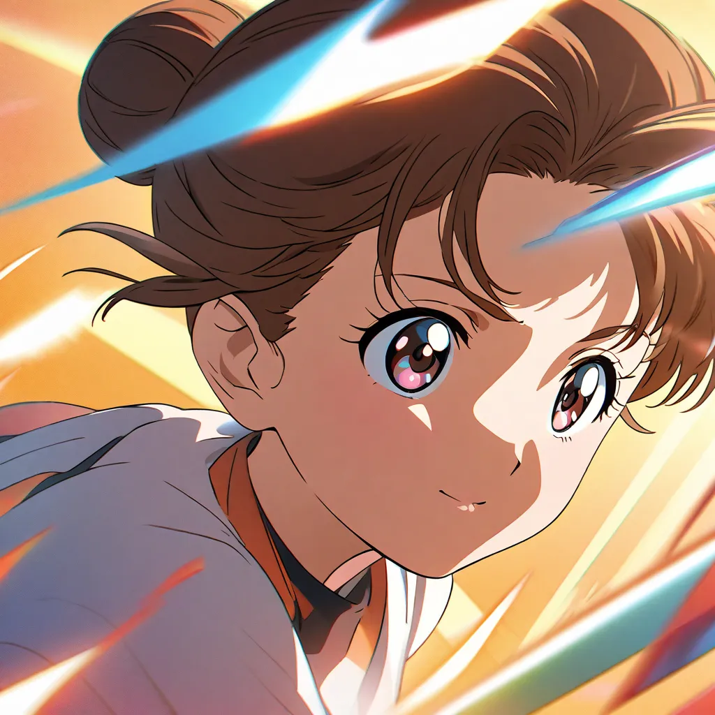 In the style of 90s anime、Hairstyle: Bun,Hair color is brown、 has bangs。bright and energetic image in the style of 90s anime,and the background is simple,1 girl, 