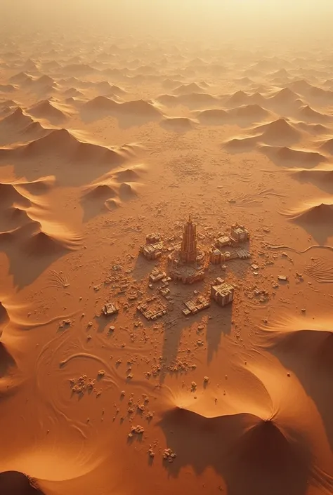 A satellite image capturing an aerial view of a vast desert landscape. Subtle outlines of buried structures and ancient city ruins can be seen beneath the shifting sand dunes. The image has a slightly infrared tint, revealing hidden formations undetectable...