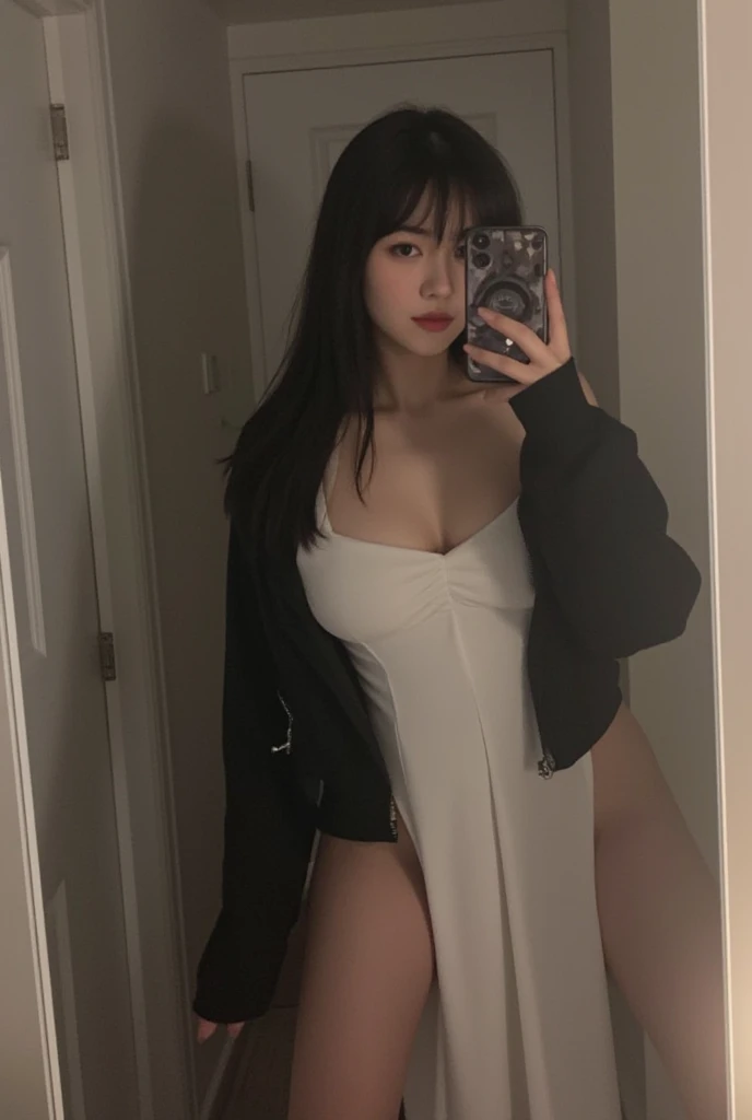 amateur photo, selfie in Instagram POV style in front of the mirror with the cell phone on the face, dark day, without makeup, she has long black hair with bangs, in a white dress,  getting ready to leave , She is standing in front of the mirror taking a p...