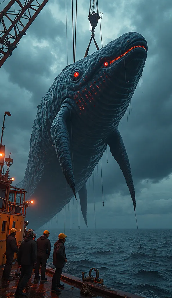  Hyperrealistic photograph of a ,  nightmarish leviathan from the depths of the ocean ,  its curled body peeled and covered in irregular scales ,  blackened that shine with an unnatural glow .  Rows of bright red eyes run along its elongated head ,  and ma...