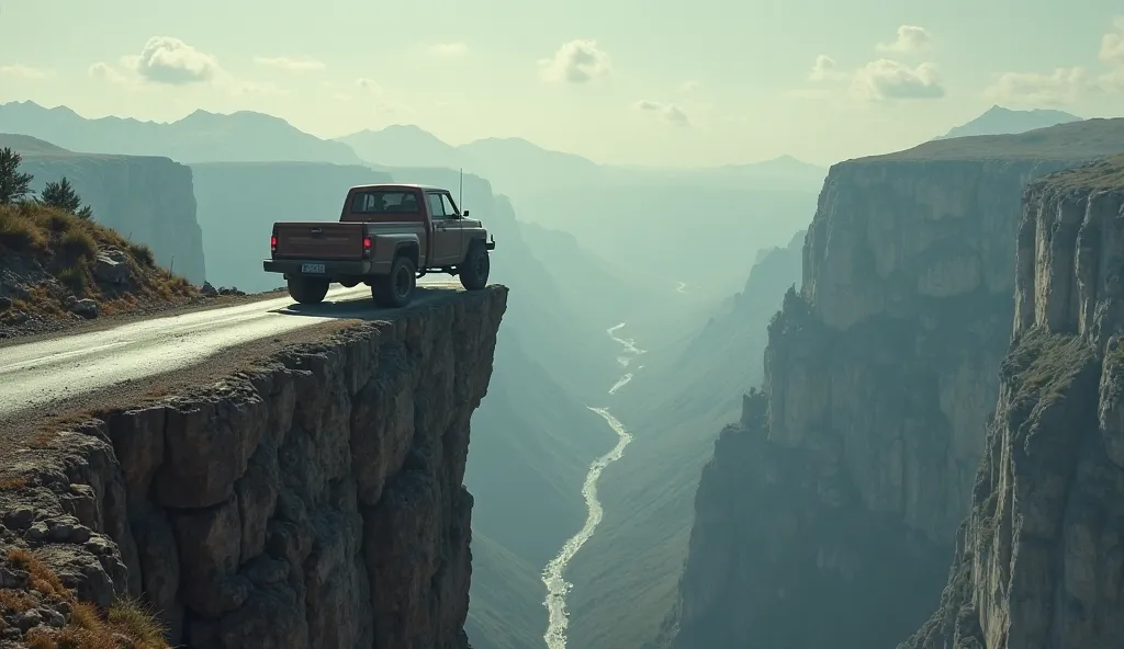 
AN IMAGE OF A TRUCK ON THE SIDE OF A ROAD THAT IS ON THE EDGE OF A GIANT CLIFF, the truck must be about to fall., The road must be very narrow, Where only the truck passes