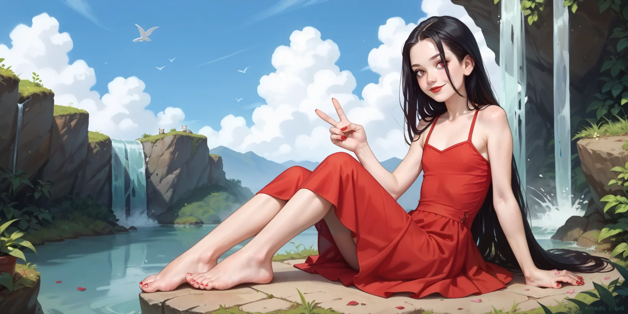 a age girl sitting next to a cat,  long red dress , V-neck, straight black hair,  Very long hair, freckles, detailed ribs,  flat breasted,  Medium and pointed breasts, full body, small bare feet, red lips, eyeliner,  smile, waterfall, clouds,  blue sky, pe...