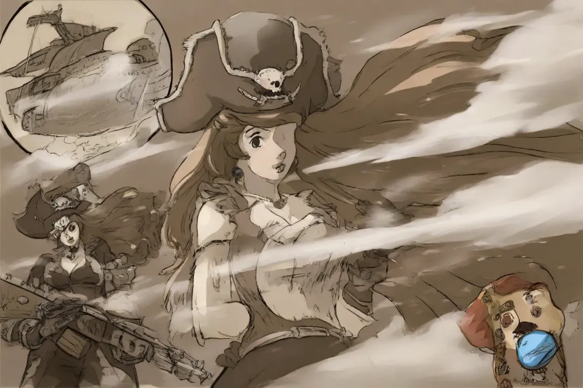 (studio ghibli) Jessica Rabbit (air ship pirate, sexy pirate outfit Valley of the wind motif, patch over one eye, steam powered rifle, confident, sultry), airship has Valley of the wind aesthetics, she is questioning her captive Nausicaa