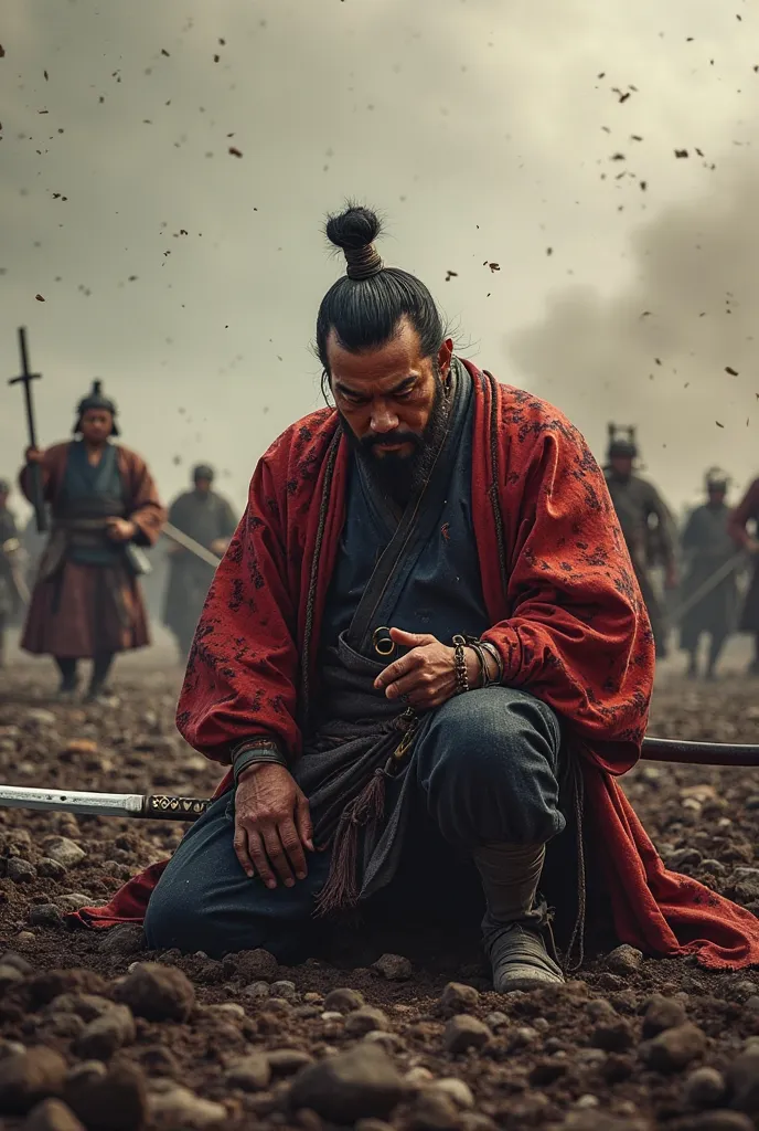 Saigō Takamori, wounded but dignified, kneels in the battlefield’s ashes. His hand rests on his sword, his expression calm despite the blood seeping from his side. Behind him, his final warriors fight desperately, their shouts fading into the wind. A momen...