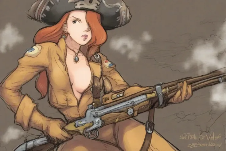 (studio ghibli) Jessica Rabbit (air ship pirate, sexy pirate outfit Valley of the wind motif, patch over one eye, steam powered rifle, confident, sultry), airship has Valley of the wind aesthetics, she is questioning her captive Nausicaa