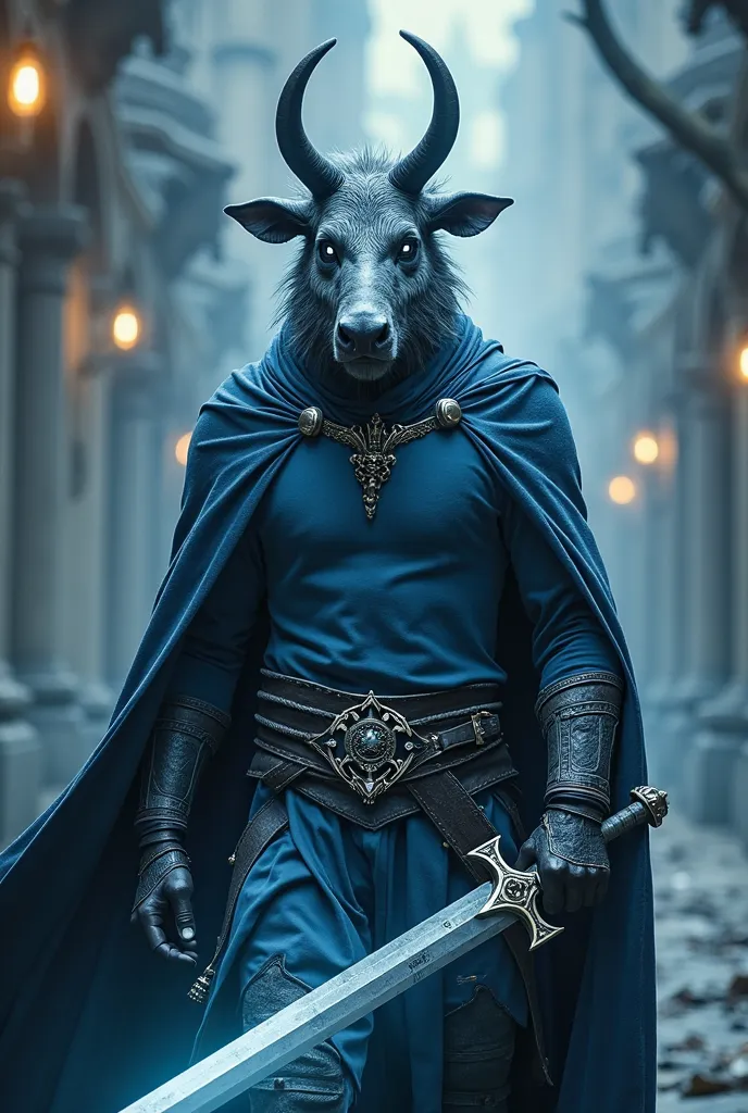 Create an extremely powerful legendary villain, who wears a boar's head, He has white eyes , wears a blue shirt and a legendary cape and a sword made of legendary light, This villain is skinny, His sword is white and he controls universal light 