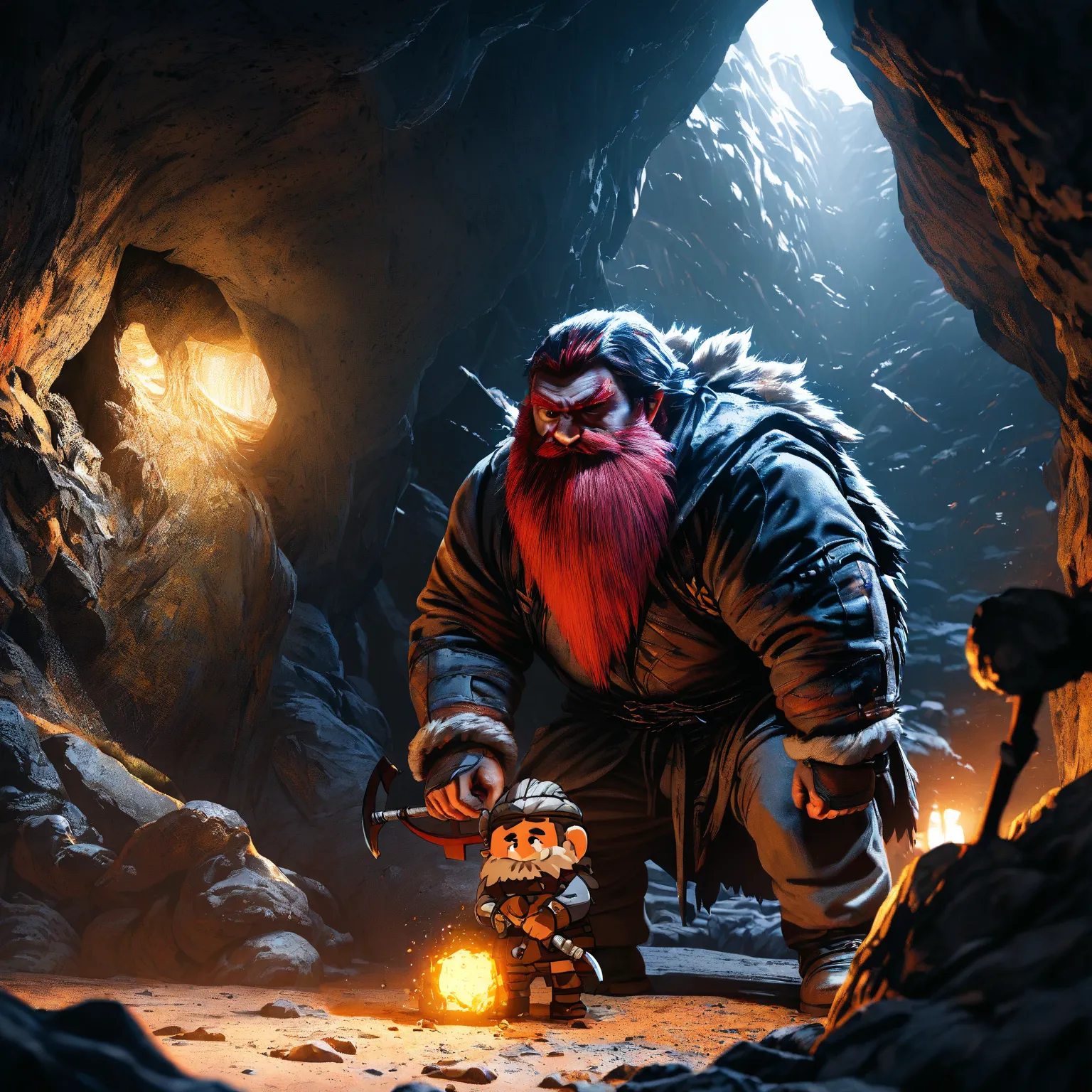 High resolution, cave environment, near angle, pose Holding a pickaxe, Red-bearded dwarf , Holding a pickaxe 