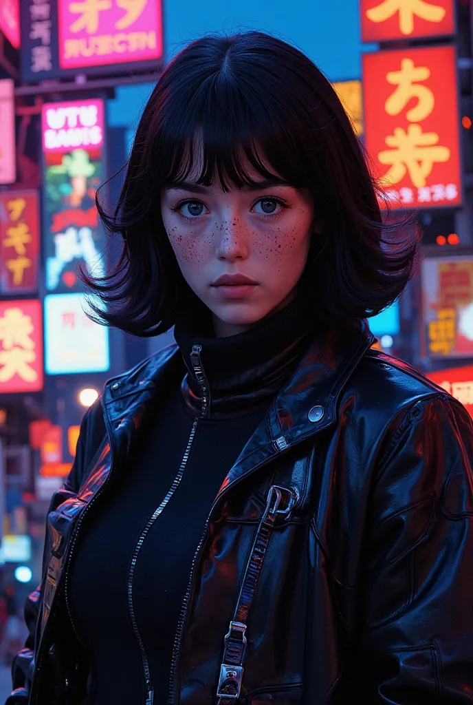 Cyberpunk settings, girl with black short, bob hair, wearing black jacket and pants, holding a pistol, freckles, lip filler, thick eyebrows, dimples