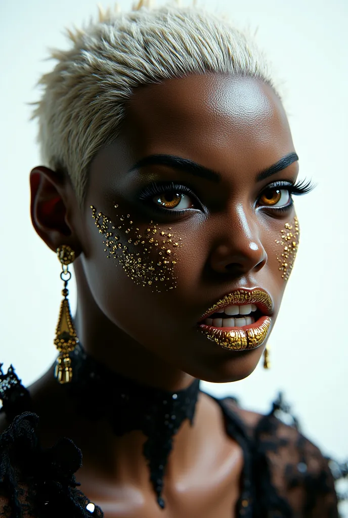 Dark indoor studio, ultra realistic 3D painting, macro, top right corner position, white background, close-up of a black girl, real expressions, absurd, angry frown, stylish gold face paint with black outlines, shiny lip gloss with glitter on mouth, wearin...